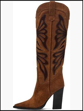 Pointed Toe Chunky High Heel Cowgirl Boots Wide Calf Knee High Embroidered
